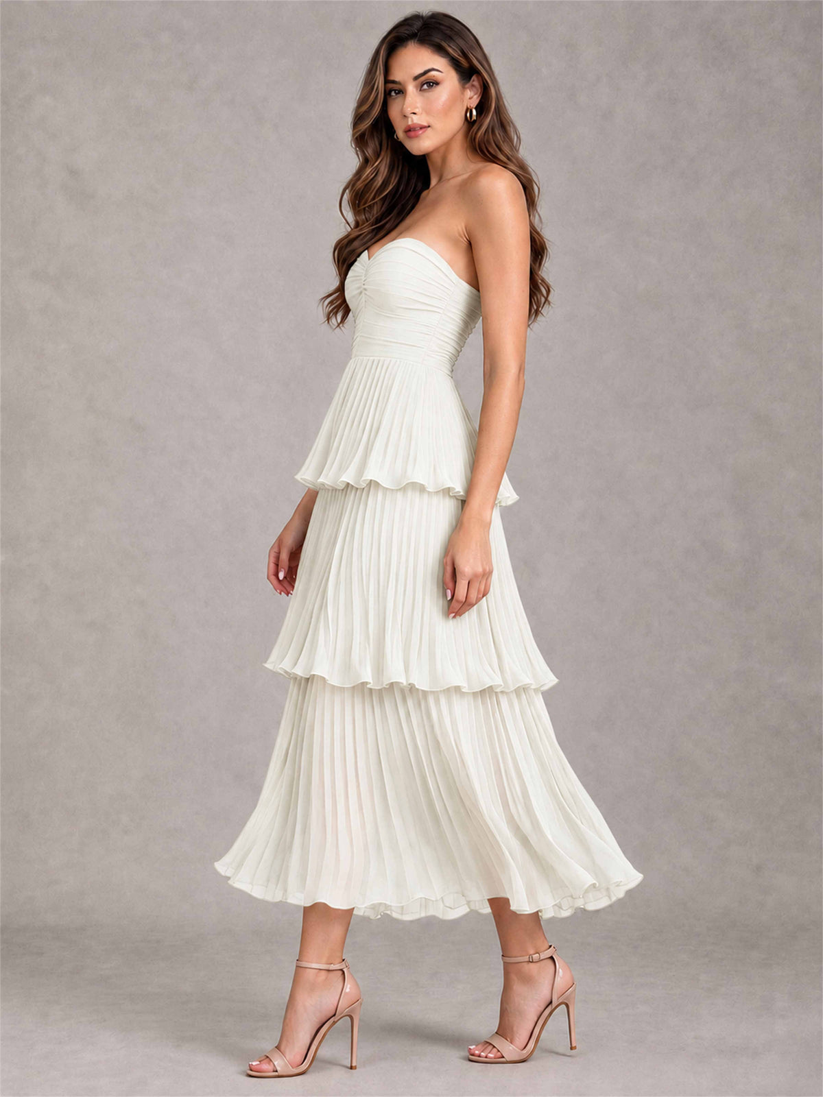 Elegant Strapless A-Line Pleated Tiered Midi-Length Wedding Guest Dress