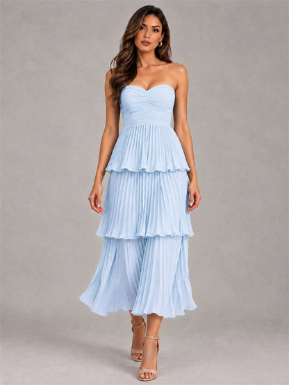 Elegant Strapless A-Line Pleated Tiered Midi-Length Wedding Guest Dress