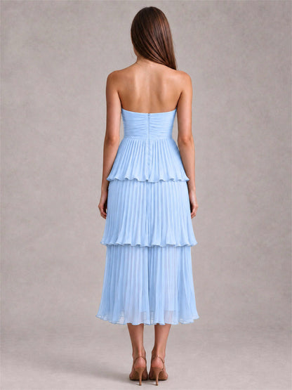 Elegant Strapless A-Line Pleated Tiered Midi-Length Wedding Guest Dress