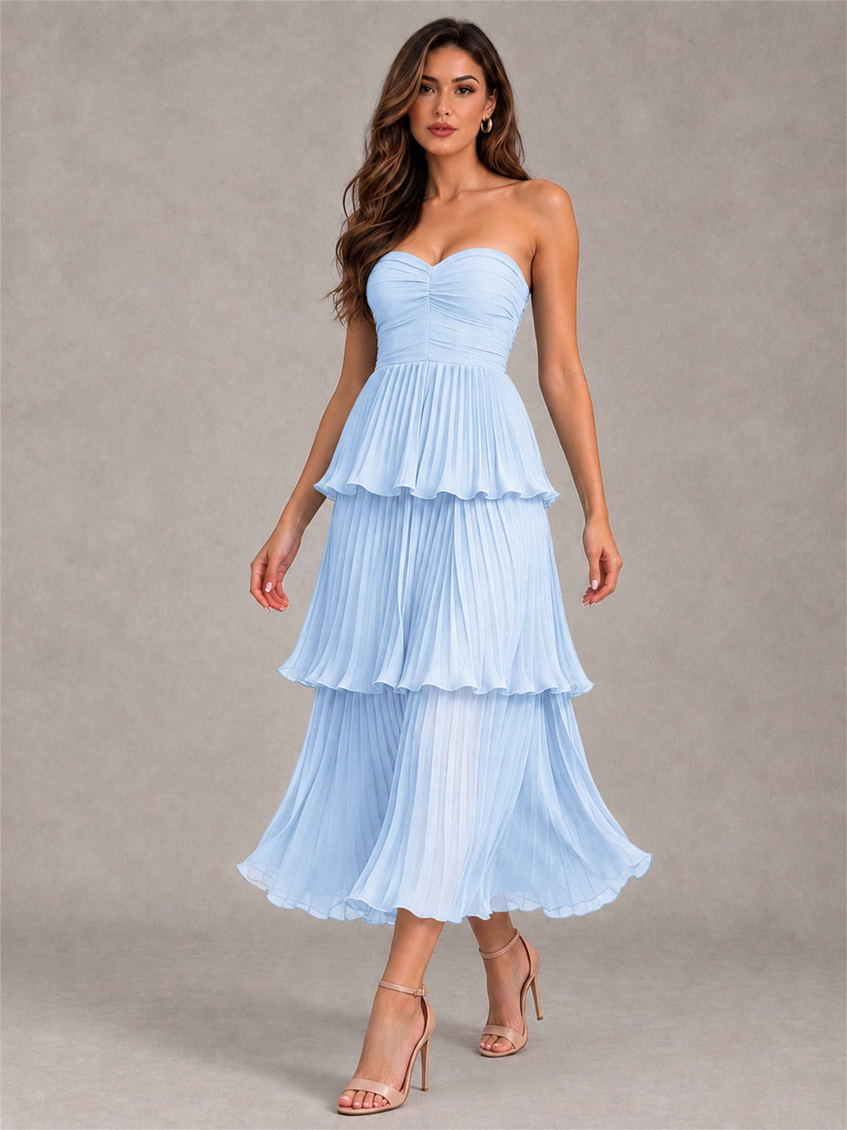 Elegant Strapless A-Line Pleated Tiered Midi-Length Wedding Guest Dress