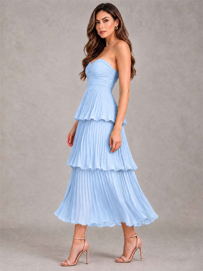 Elegant Strapless A-Line Pleated Tiered Midi-Length Wedding Guest Dress