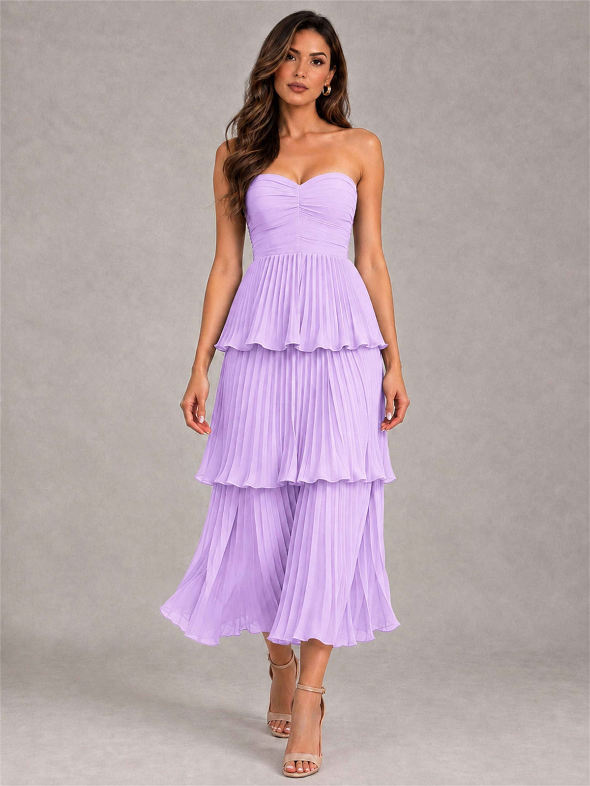 Elegant Strapless A-Line Pleated Tiered Midi-Length Wedding Guest Dress