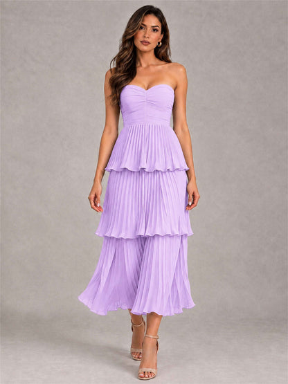 Elegant Strapless A-Line Pleated Tiered Midi-Length Wedding Guest Dress