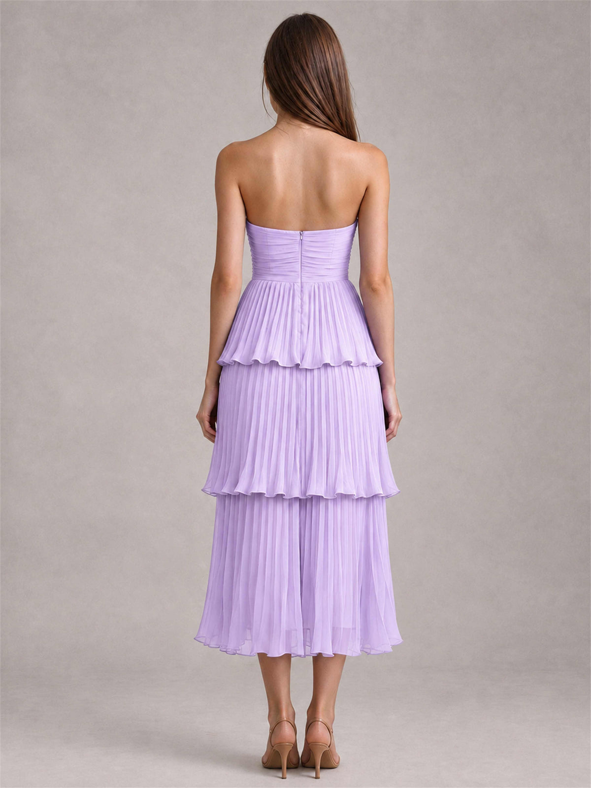 Elegant Strapless A-Line Pleated Tiered Midi-Length Wedding Guest Dress