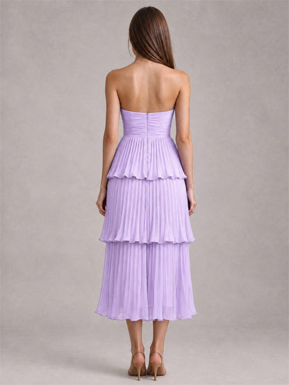 Elegant Strapless A-Line Pleated Tiered Midi-Length Wedding Guest Dress