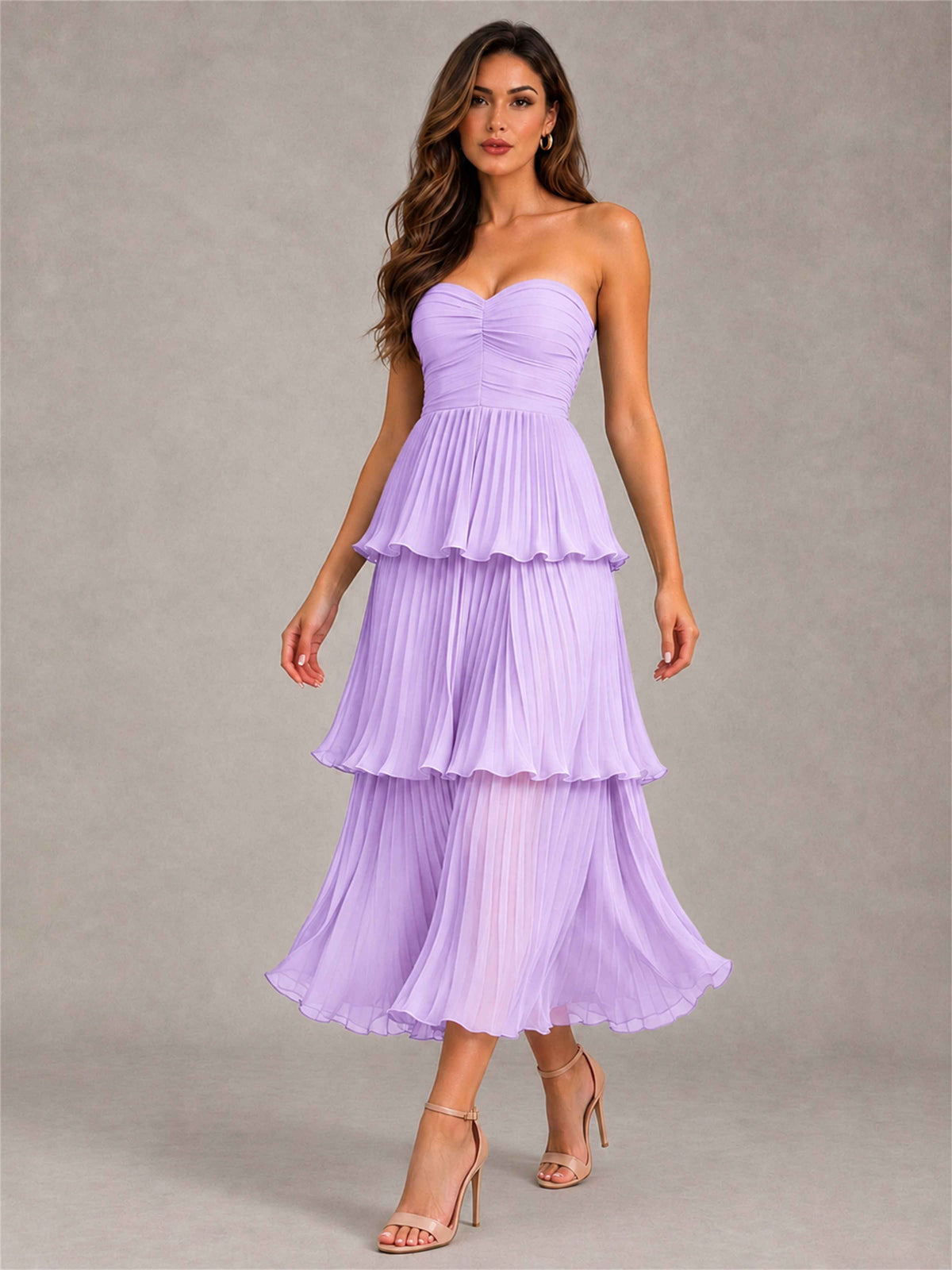 Elegant Strapless A-Line Pleated Tiered Midi-Length Wedding Guest Dress