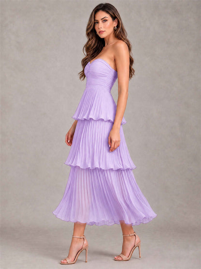 Elegant Strapless A-Line Pleated Tiered Midi-Length Wedding Guest Dress