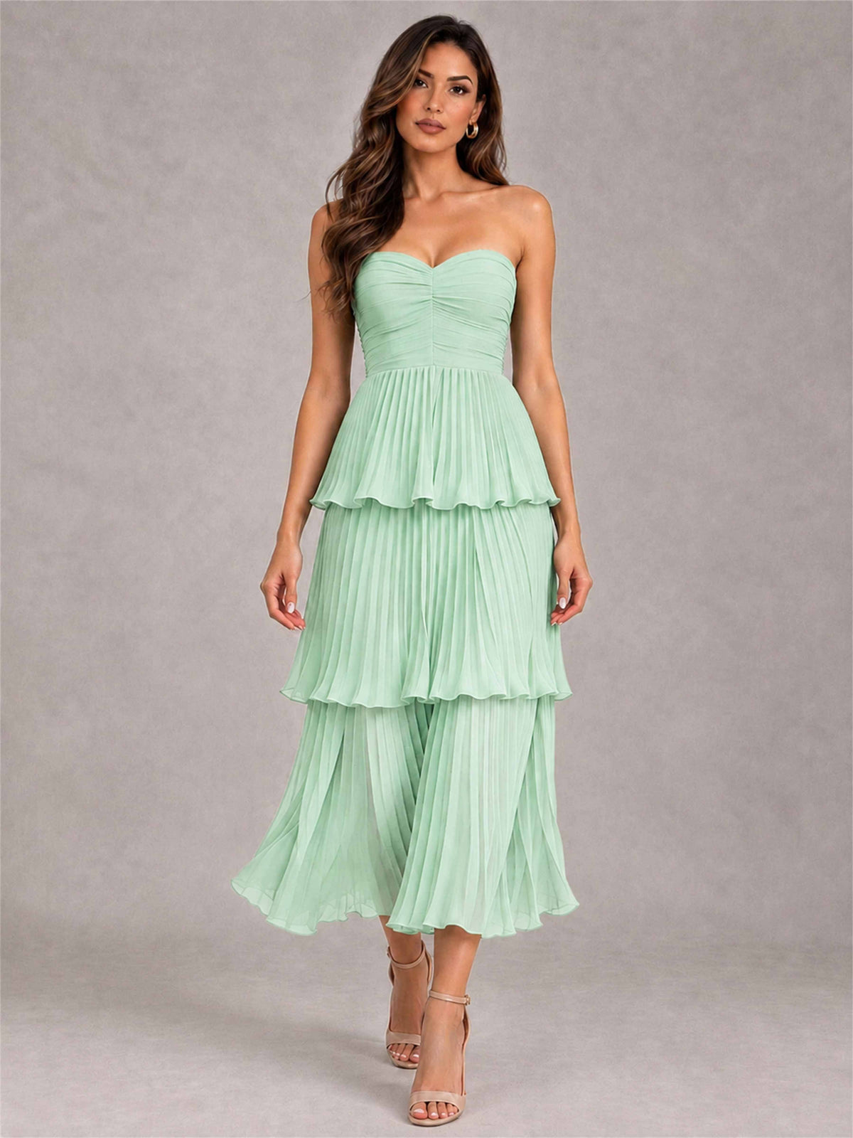 Elegant Strapless A-Line Pleated Tiered Midi-Length Wedding Guest Dress