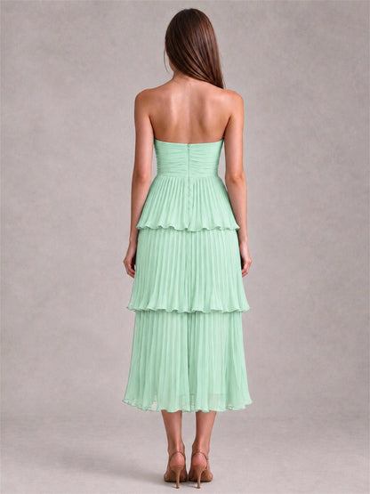 Elegant Strapless A-Line Pleated Tiered Midi-Length Wedding Guest Dress