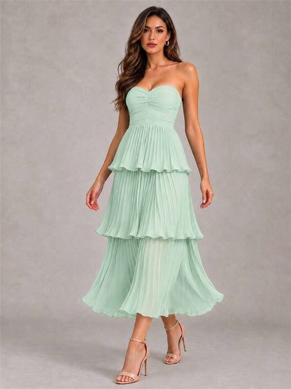 Elegant Strapless A-Line Pleated Tiered Midi-Length Wedding Guest Dress