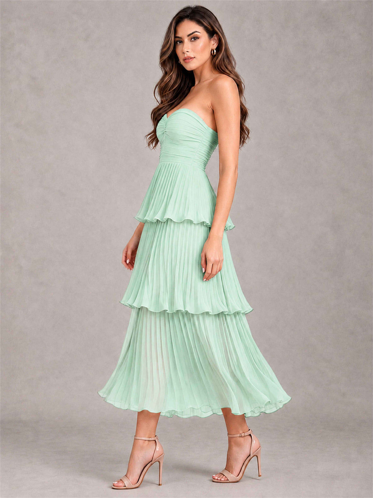 Elegant Strapless A-Line Pleated Tiered Midi-Length Wedding Guest Dress