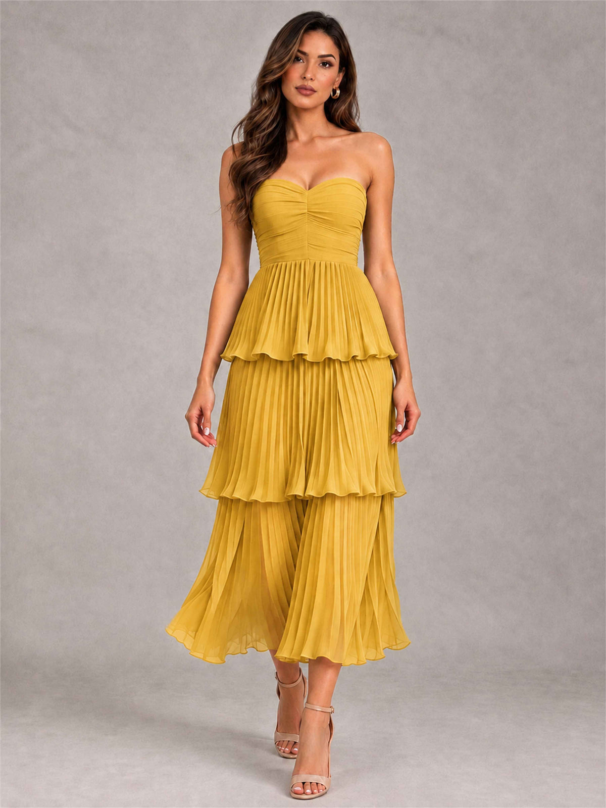 Elegant Strapless A-Line Pleated Tiered Midi-Length Wedding Guest Dress