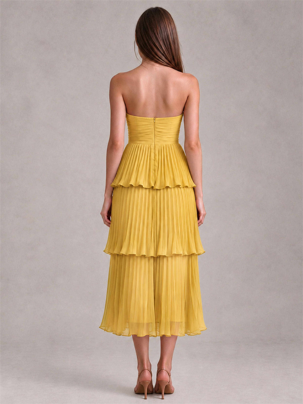 Elegant Strapless A-Line Pleated Tiered Midi-Length Wedding Guest Dress