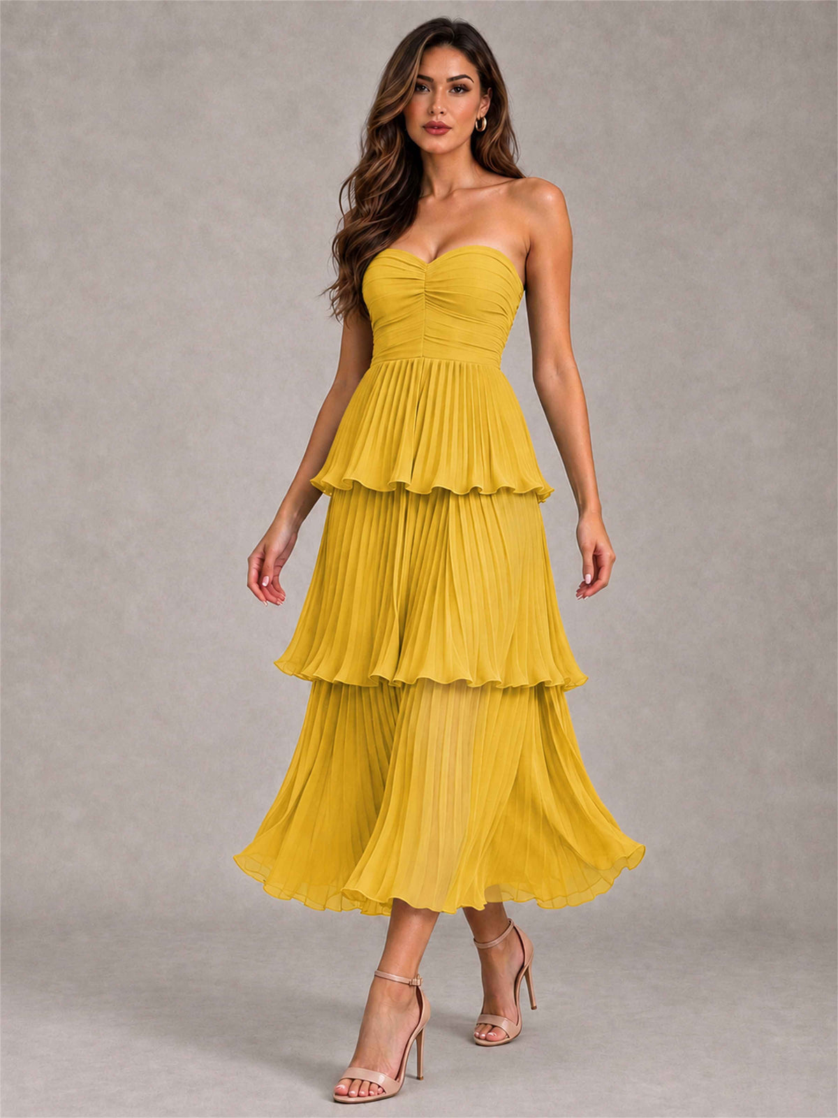 Elegant Strapless A-Line Pleated Tiered Midi-Length Wedding Guest Dress