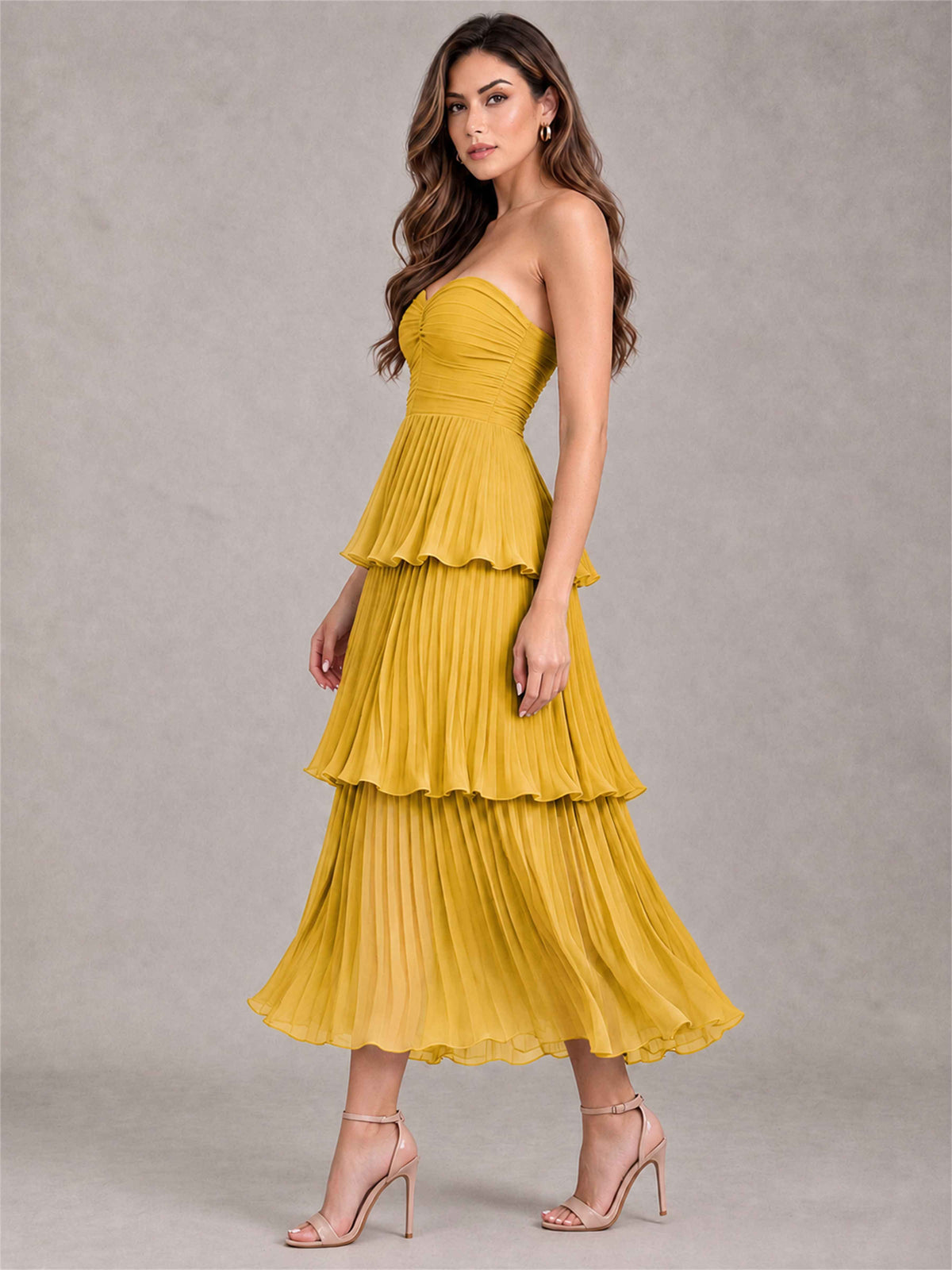 Elegant Strapless A-Line Pleated Tiered Midi-Length Wedding Guest Dress