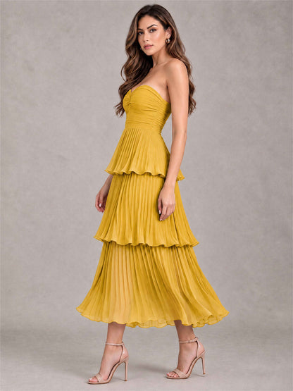 Elegant Strapless A-Line Pleated Tiered Midi-Length Wedding Guest Dress