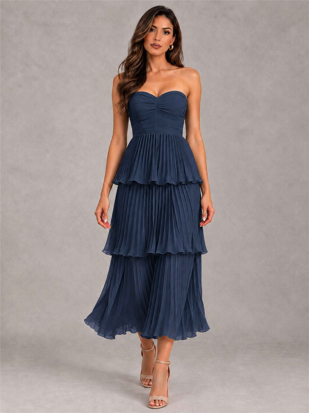 Elegant Strapless A-Line Pleated Tiered Midi-Length Wedding Guest Dress