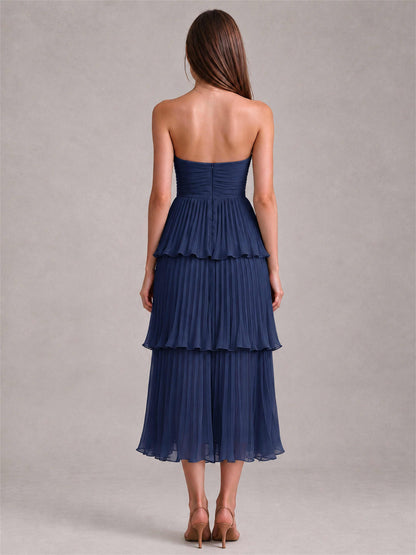 Elegant Strapless A-Line Pleated Tiered Midi-Length Wedding Guest Dress