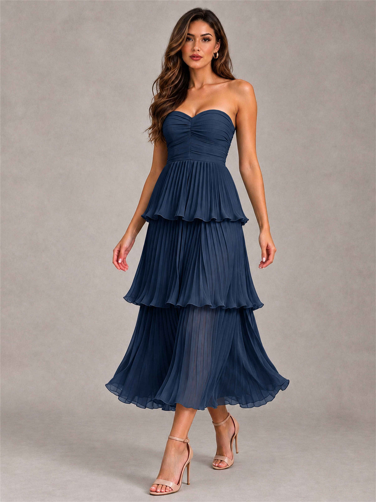 Elegant Strapless A-Line Pleated Tiered Midi-Length Wedding Guest Dress