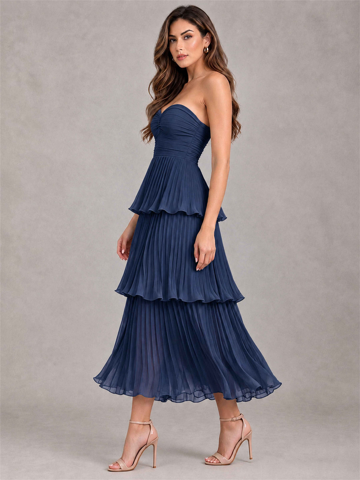 Elegant Strapless A-Line Pleated Tiered Midi-Length Wedding Guest Dress