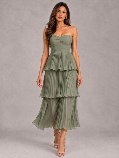 Elegant Strapless A-Line Pleated Tiered Midi-Length Wedding Guest Dress