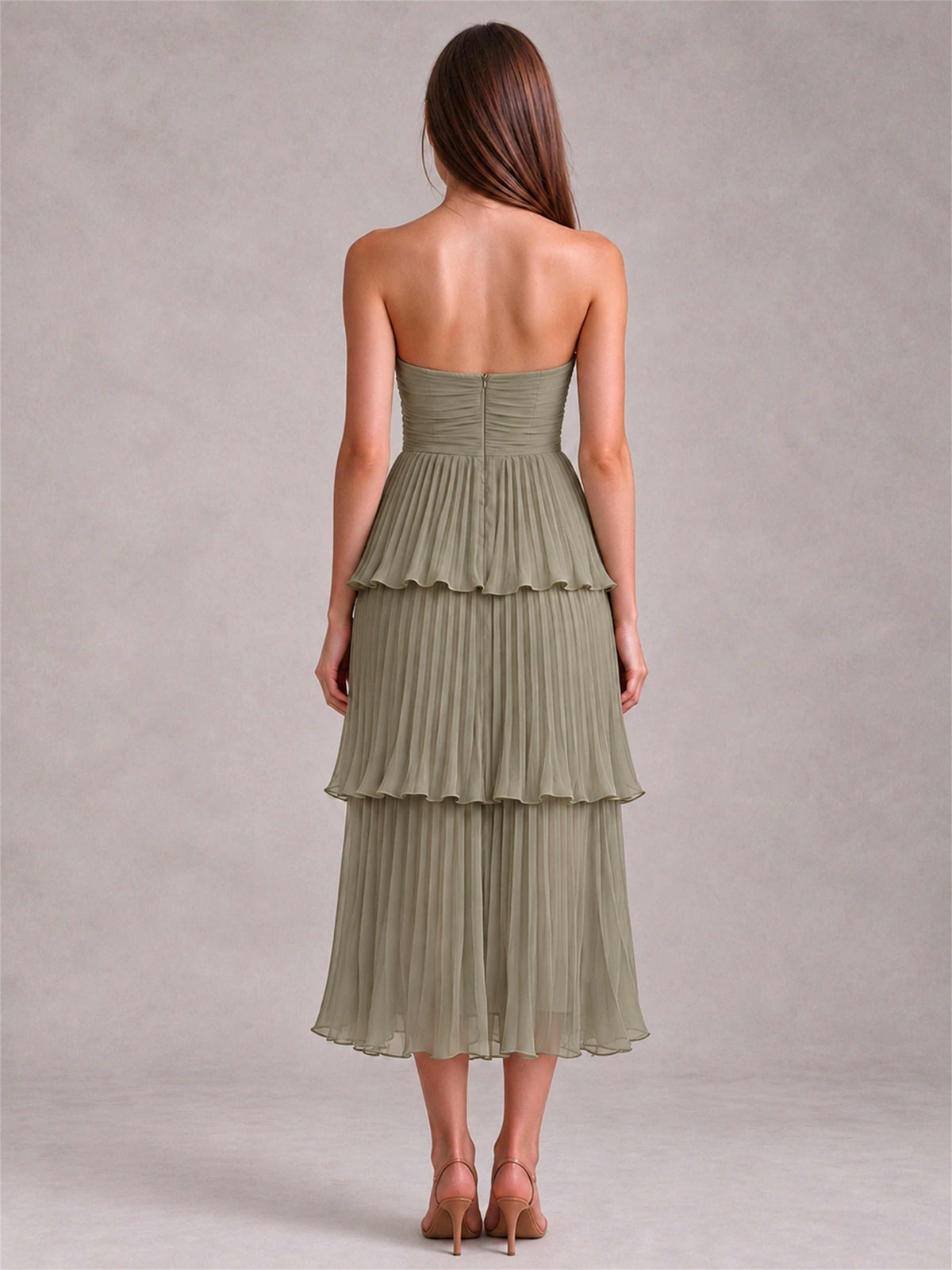 Elegant Strapless A-Line Pleated Tiered Midi-Length Wedding Guest Dress