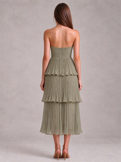 Elegant Strapless A-Line Pleated Tiered Midi-Length Wedding Guest Dress