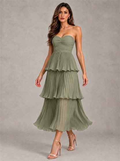 Elegant Strapless A-Line Pleated Tiered Midi-Length Wedding Guest Dress