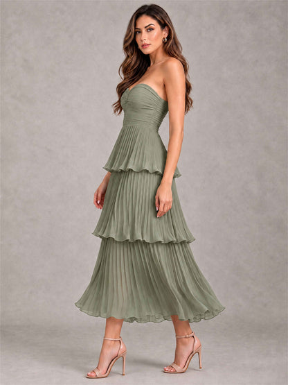 Elegant Strapless A-Line Pleated Tiered Midi-Length Wedding Guest Dress