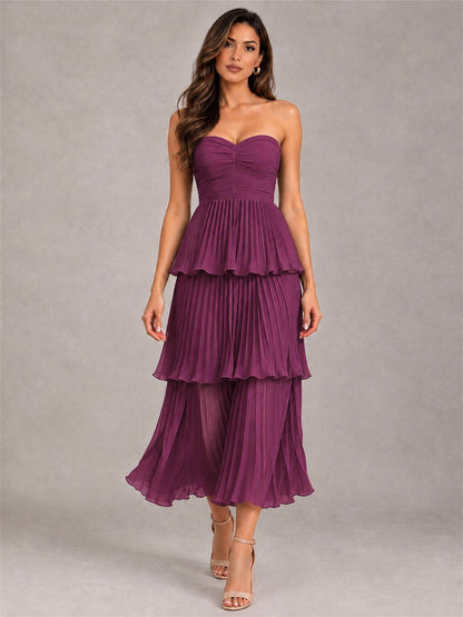 Elegant Strapless A-Line Pleated Tiered Midi-Length Wedding Guest Dress