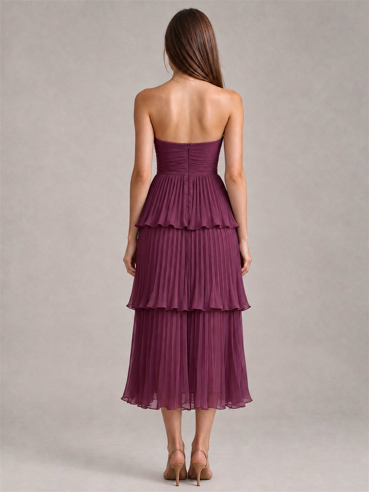 Elegant Strapless A-Line Pleated Tiered Midi-Length Wedding Guest Dress