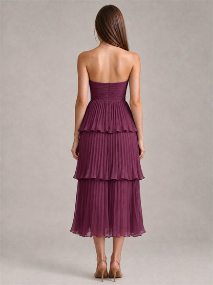 Elegant Strapless A-Line Pleated Tiered Midi-Length Wedding Guest Dress