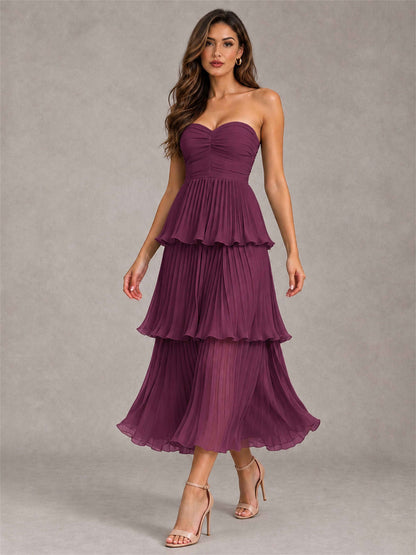 Elegant Strapless A-Line Pleated Tiered Midi-Length Wedding Guest Dress