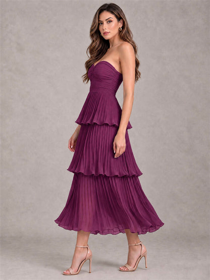 Elegant Strapless A-Line Pleated Tiered Midi-Length Wedding Guest Dress