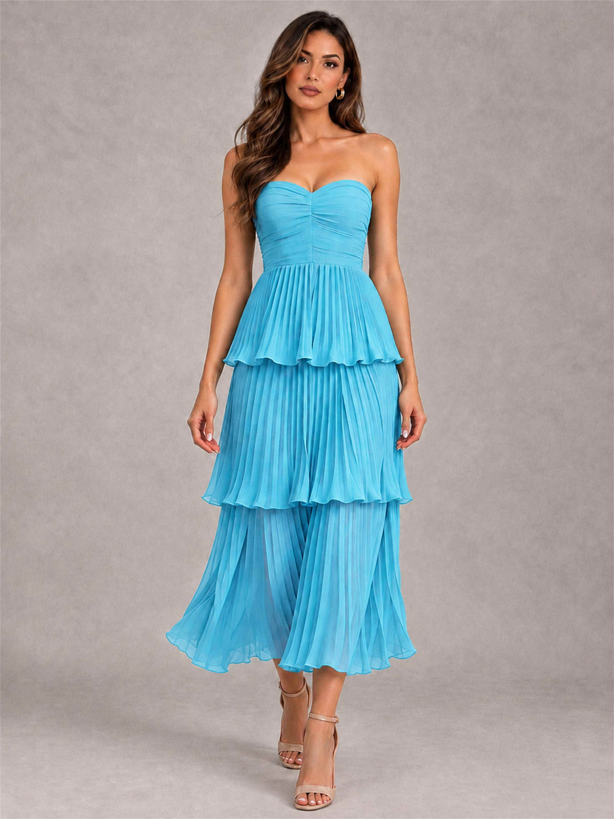 Elegant Strapless A-Line Pleated Tiered Midi-Length Wedding Guest Dress