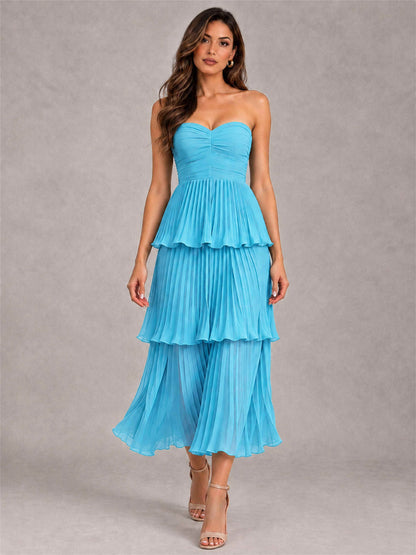 Elegant Strapless A-Line Pleated Tiered Midi-Length Wedding Guest Dress