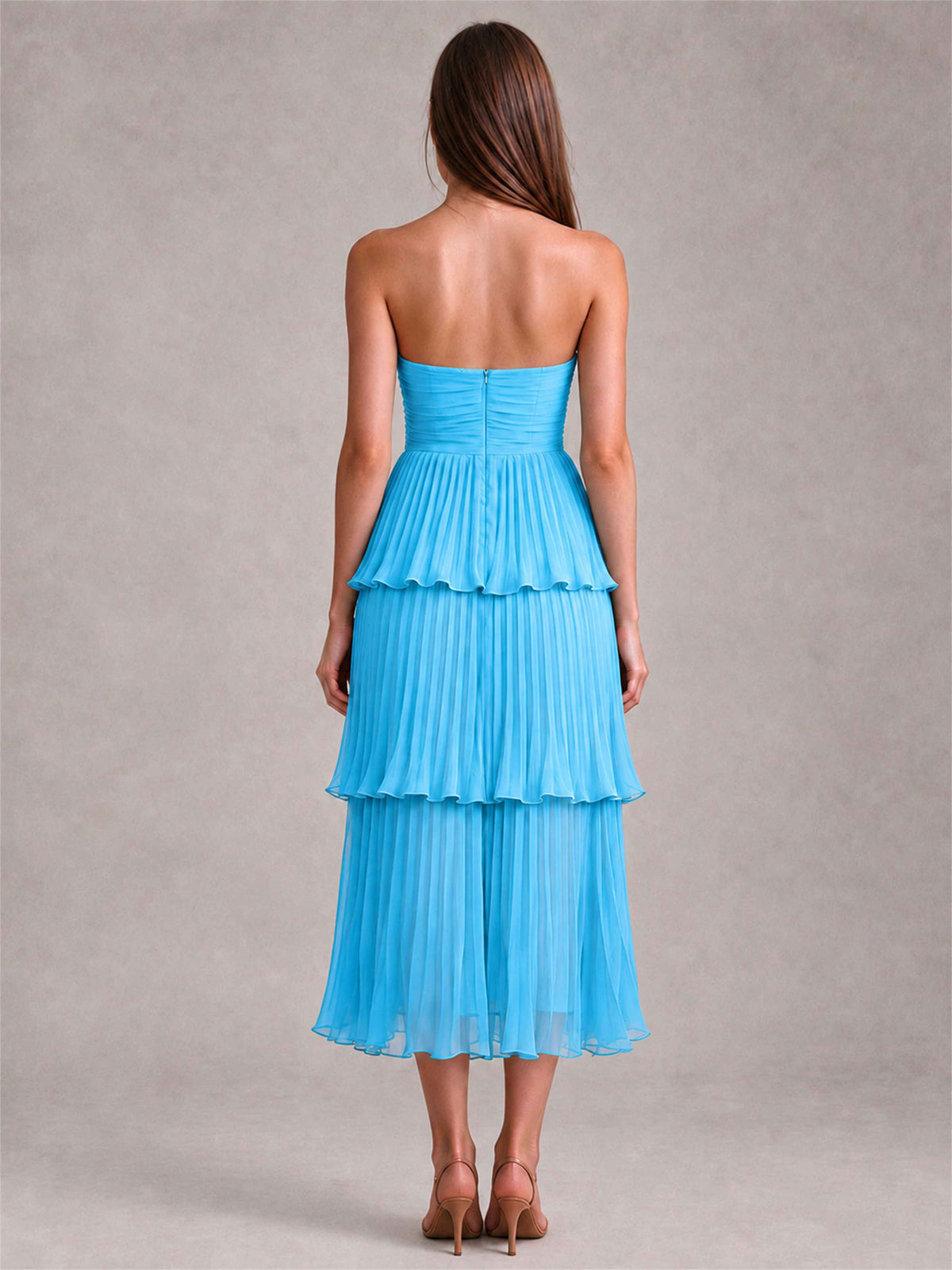 Elegant Strapless A-Line Pleated Tiered Midi-Length Wedding Guest Dress