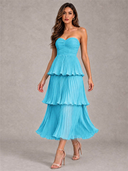 Elegant Strapless A-Line Pleated Tiered Midi-Length Wedding Guest Dress