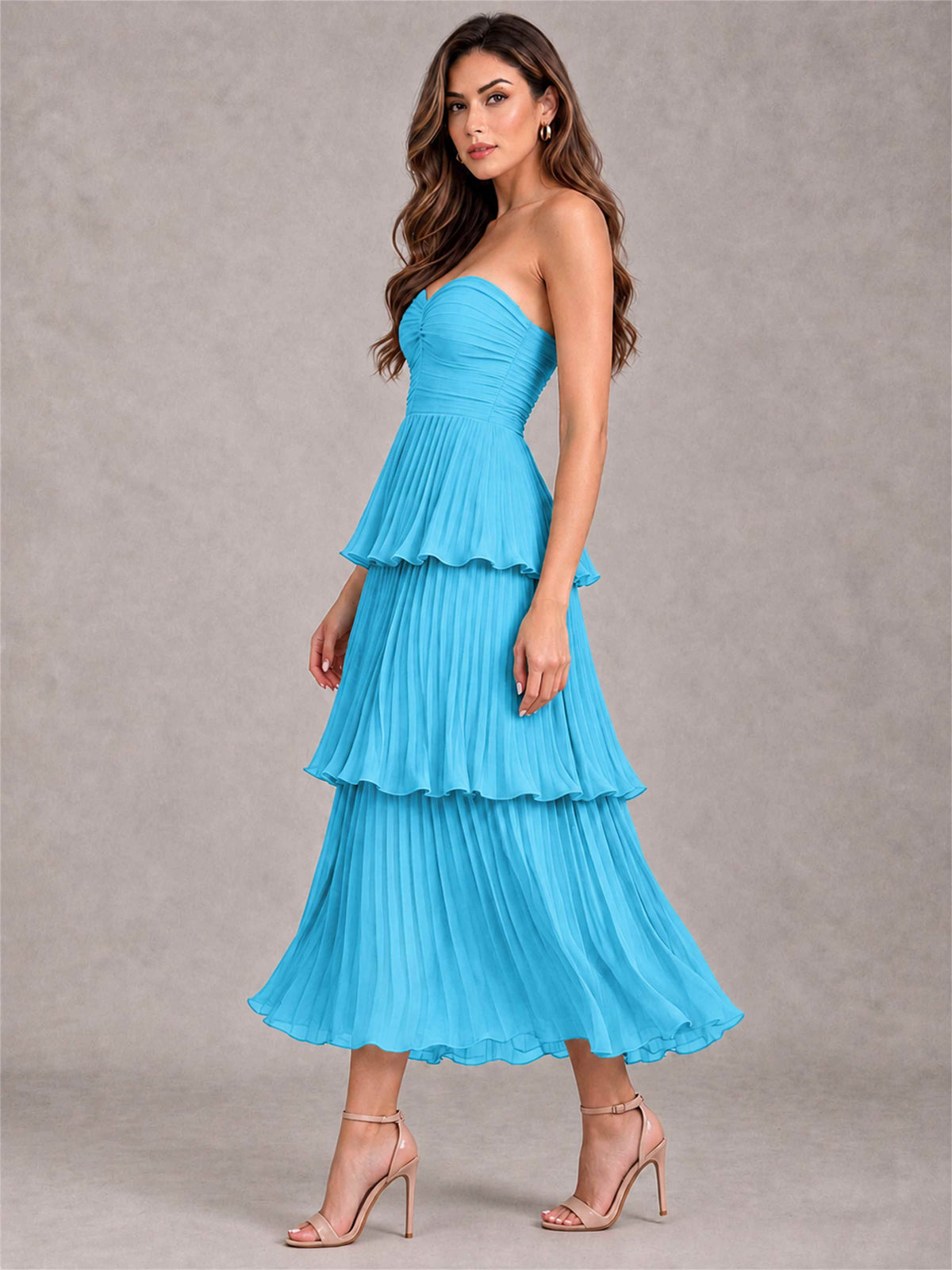 Elegant Strapless A-Line Pleated Tiered Midi-Length Wedding Guest Dress