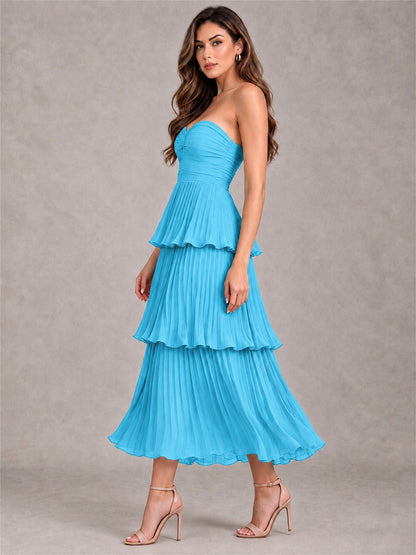 Elegant Strapless A-Line Pleated Tiered Midi-Length Wedding Guest Dress