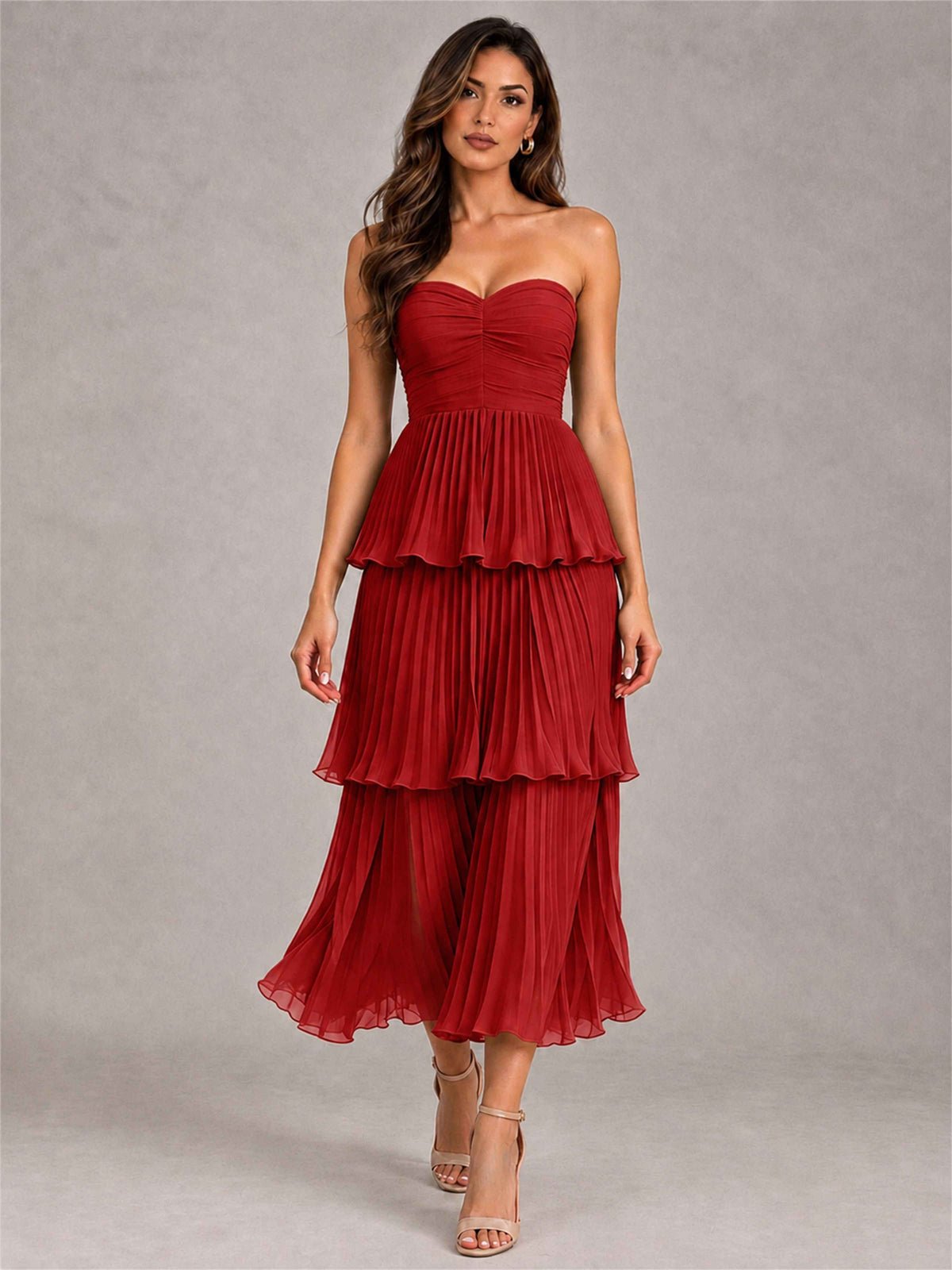 Elegant Strapless A-Line Pleated Tiered Midi-Length Wedding Guest Dress