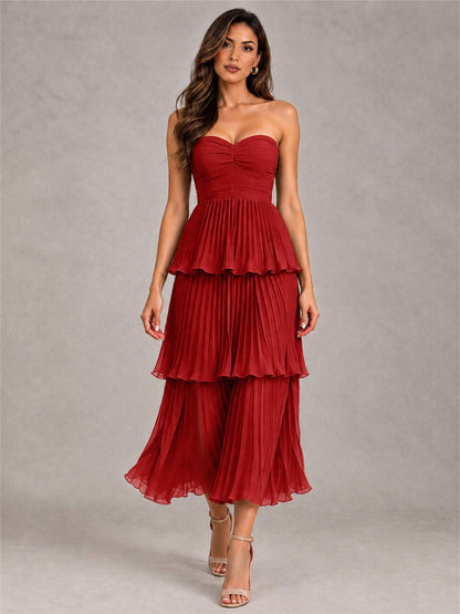 Elegant Strapless A-Line Pleated Tiered Midi-Length Wedding Guest Dress