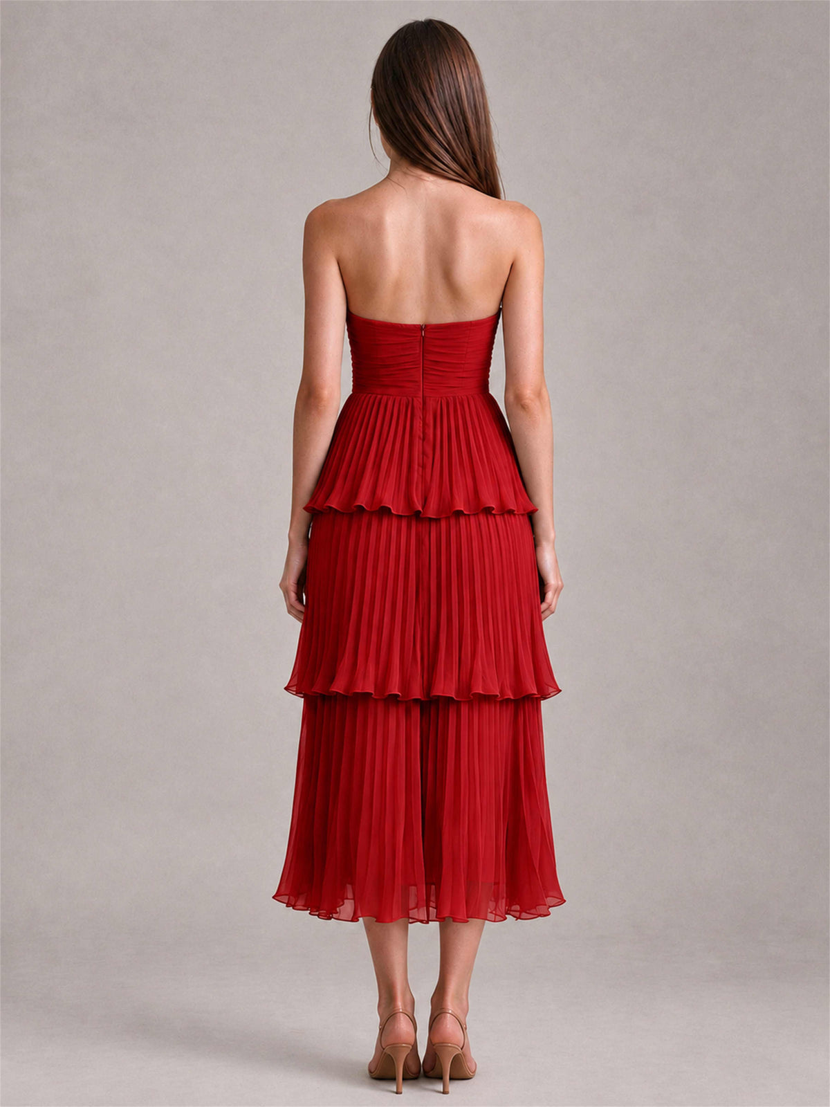 Elegant Strapless A-Line Pleated Tiered Midi-Length Wedding Guest Dress