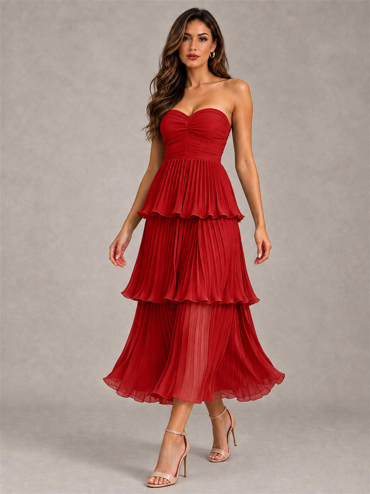 Elegant Strapless A-Line Pleated Tiered Midi-Length Wedding Guest Dress