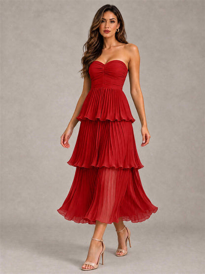 Elegant Strapless A-Line Pleated Tiered Midi-Length Wedding Guest Dress