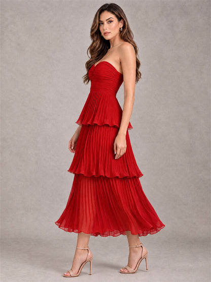 Elegant Strapless A-Line Pleated Tiered Midi-Length Wedding Guest Dress