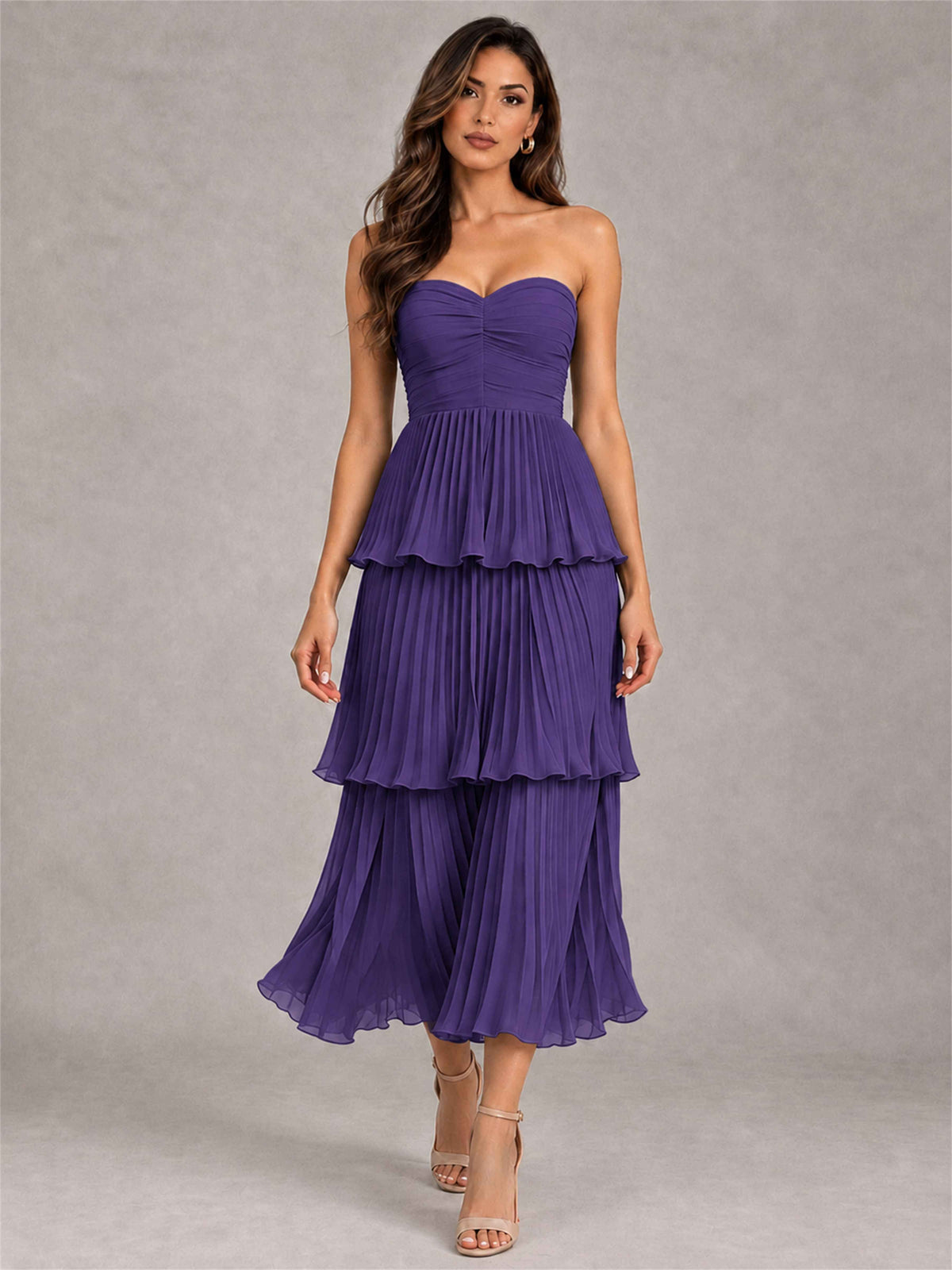 Elegant Strapless A-Line Pleated Tiered Midi-Length Wedding Guest Dress