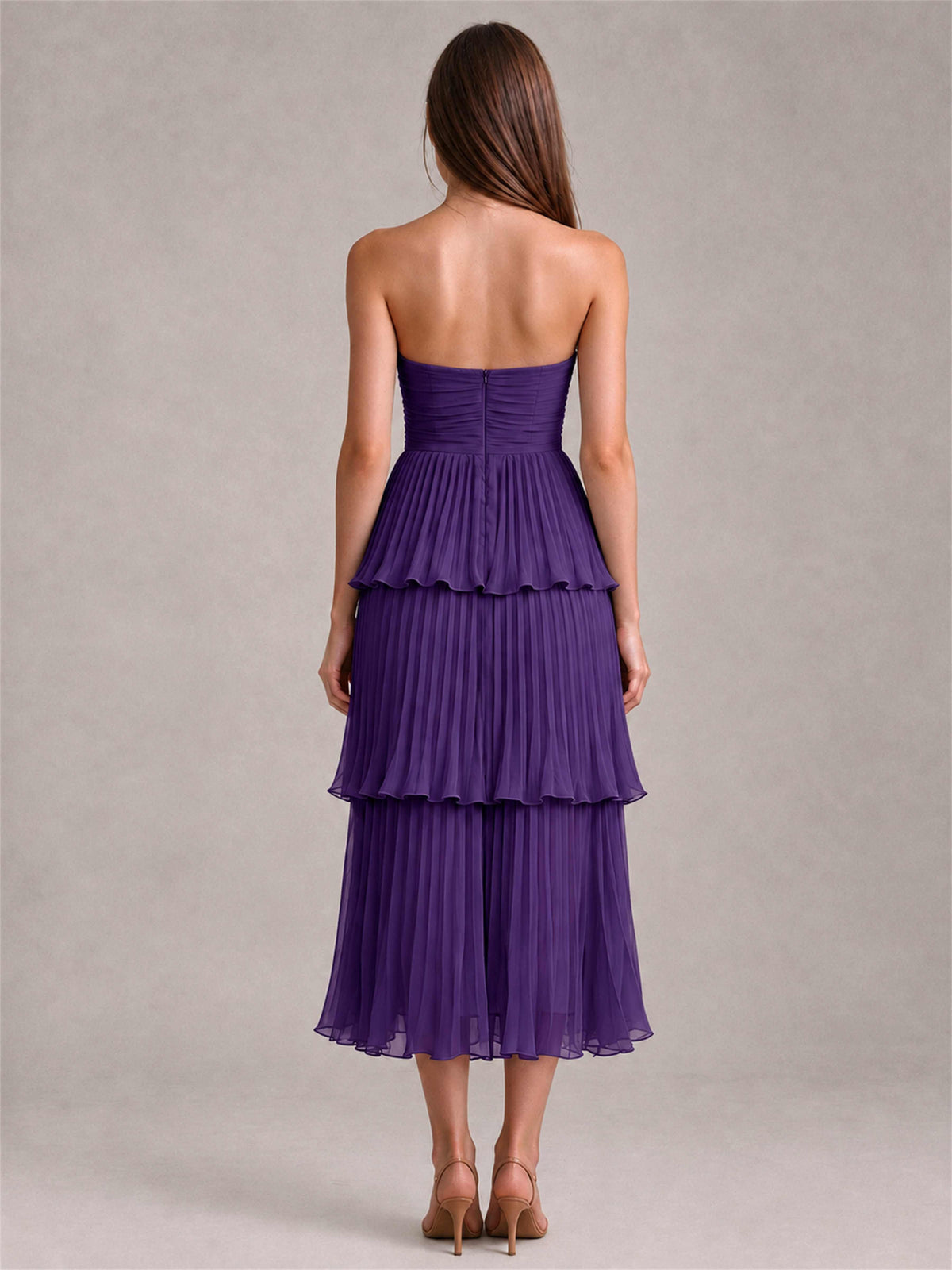 Elegant Strapless A-Line Pleated Tiered Midi-Length Wedding Guest Dress