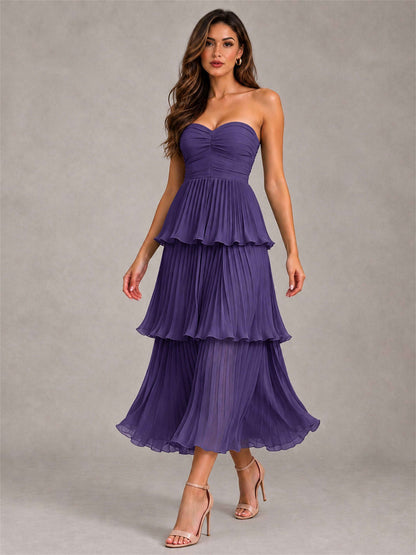Elegant Strapless A-Line Pleated Tiered Midi-Length Wedding Guest Dress