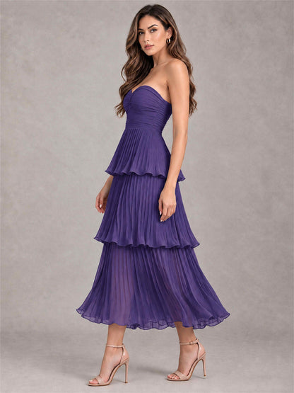 Elegant Strapless A-Line Pleated Tiered Midi-Length Wedding Guest Dress